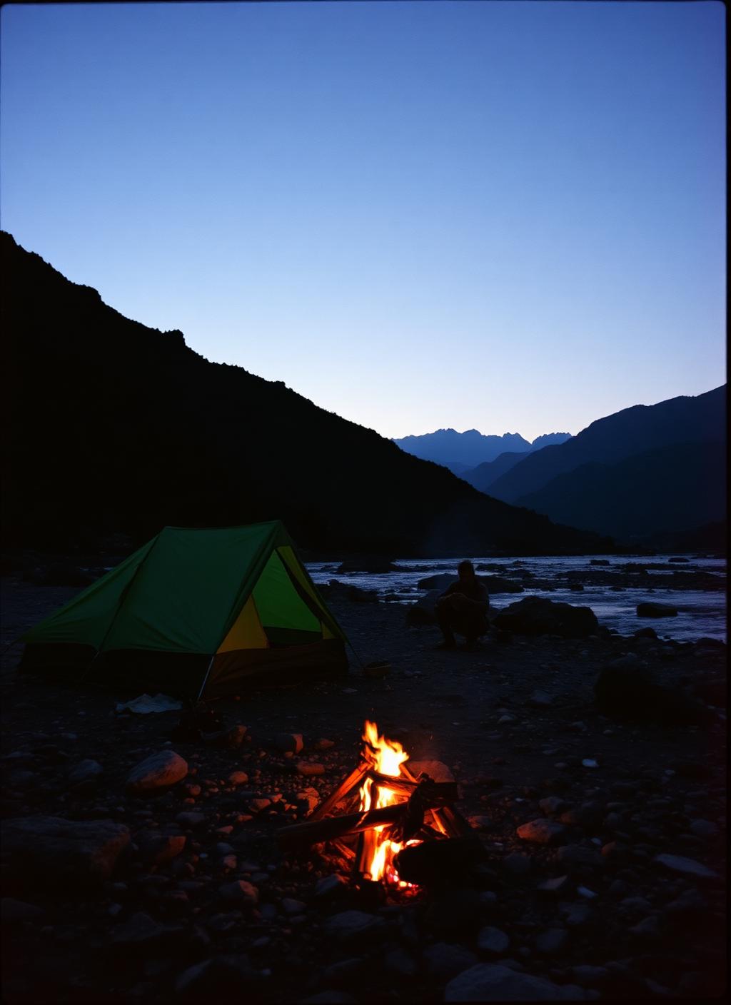 A small tent and a low fire on a stony riverbank at dusk