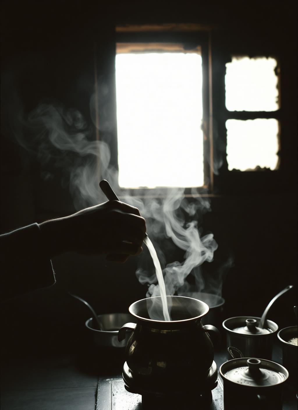 Hands pouring chai in a dark hill town kitchen with steam against window light