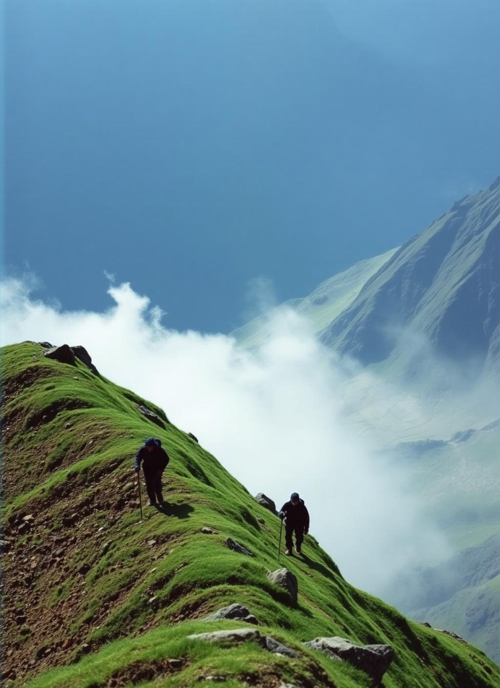 Two walkers on a narrow green Himalayan ridge with cloud sitting below them