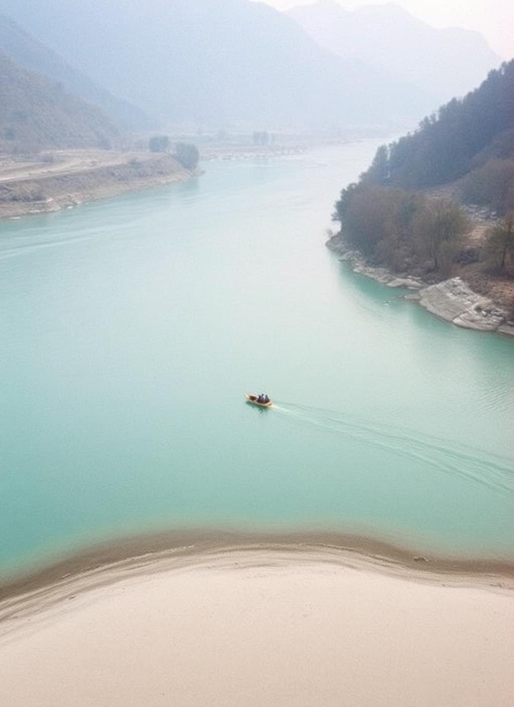 A single raft crossing a wide pale green river between Himalayan foothills