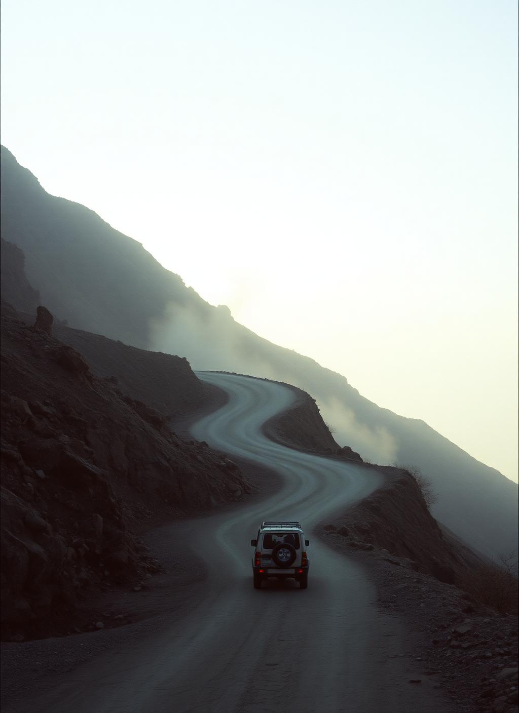 A single vehicle on a dusty switchback mountain road in hazy dusk light